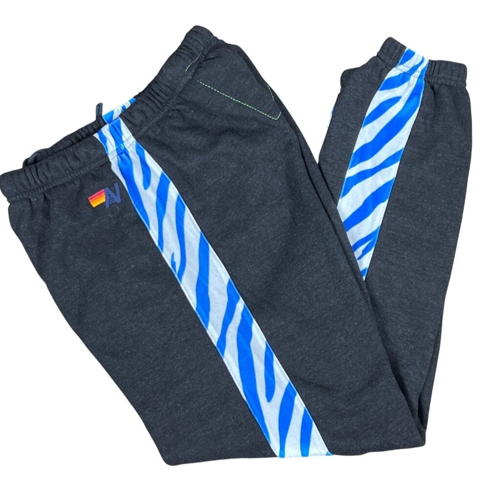 AVIATOR NATION Tiger Stripe Sweatpants Black with Blue Tiger Stripes Sz S EUC